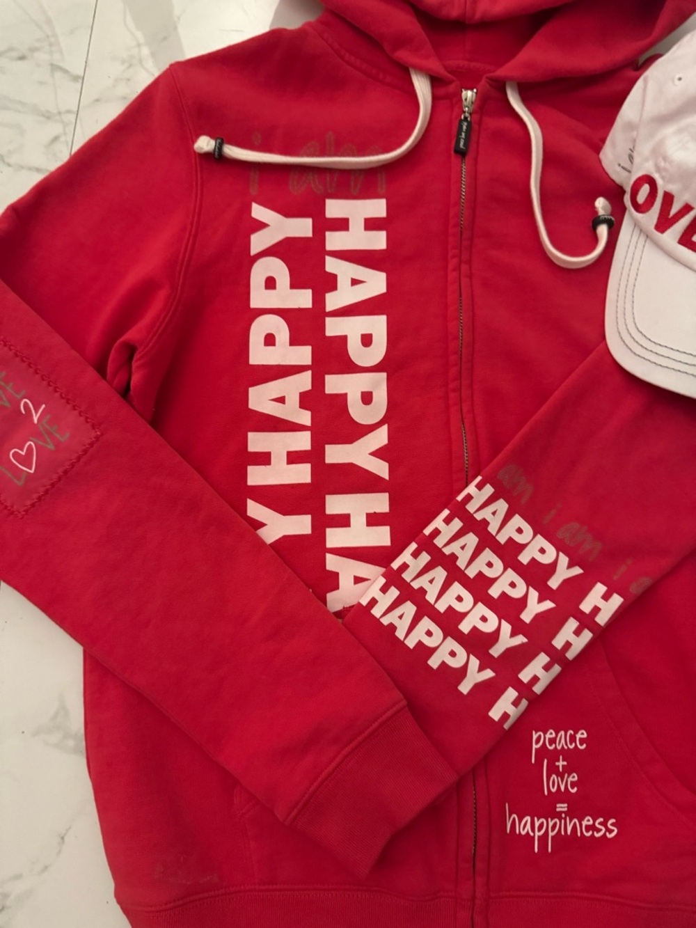 Peace Love Word Red 'Happy' Graphic Zip Hoodie with White 'LOVE' Cap - Picture 2 of 9